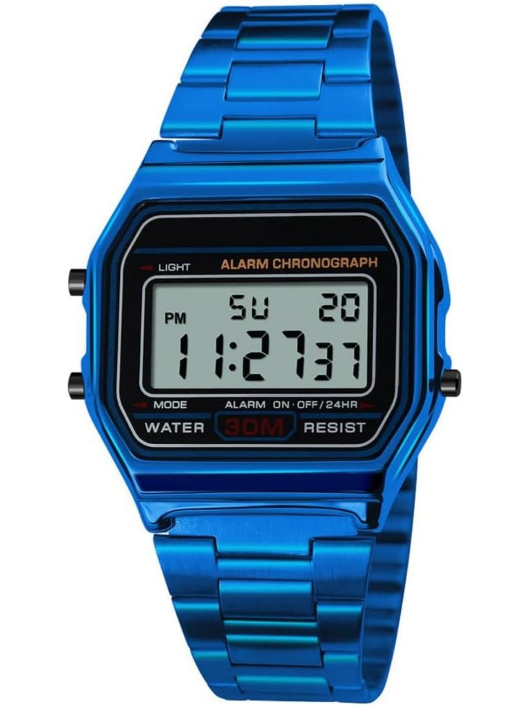 Mens Digital Gold Stainless Steel Sport Watch  Waterproof Stopwatch Alarm